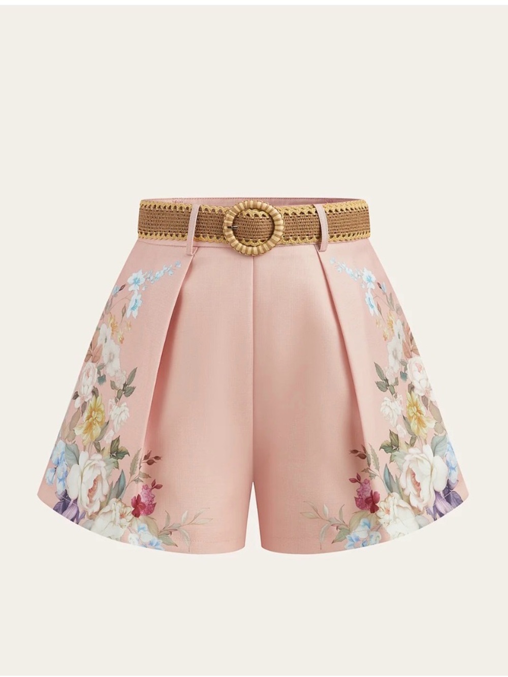 Commense Pink Floral Pleated Shorts with Woven Tan Belt